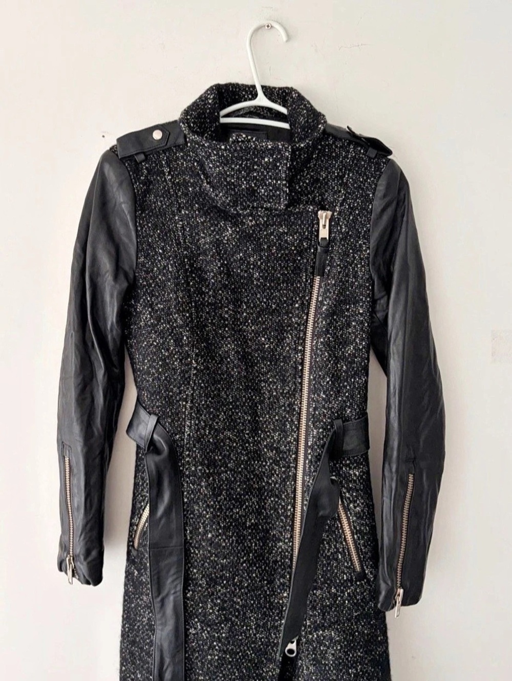 Mackage Tweed Leather-Sleeve Coat in Black & White XS